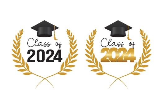 Class of 2024 graduation design template, Set graduation cap with laurel wreath in gold color vector