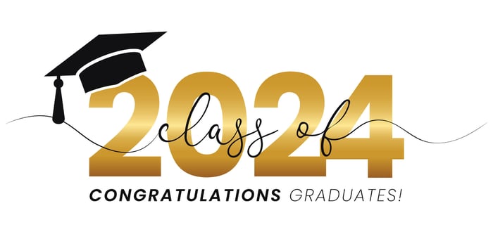 Vector illustration of gold design for graduation ceremony. Class of 2024. Congratulations graduates typography design template for shirt, stamp, logo, card, invitation etc.