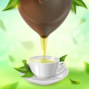 Realistic Detailed 3d Green Tea Fresh Loose Leaf Pure Taste Concept Background with Teapot Pouring Tea into Cup. Vector