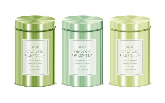 Realistic Detailed 3d Organic Green Tea Metal Tin and Lid Mockup Set. Vector