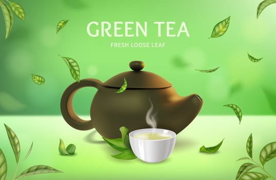 Realistic Detailed 3d Green Tea Fresh Loose Leaf Ads Banner Concept Poster Card. Vector