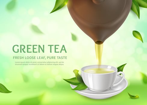 Realistic Detailed 3d Green Tea Fresh Loose Leaf Pure Taste Ads Banner Concept Poster Card. Vector