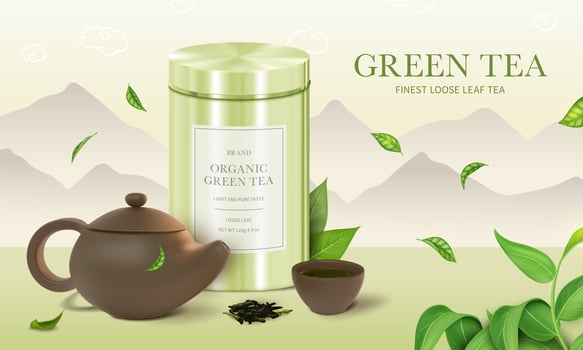 Realistic Detailed 3d Green Tea Finest Loose Leaf Ads Banner Concept Poster Card. Vector