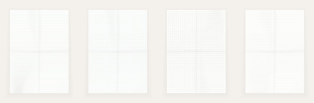 Set of blank lined and squared paper sheets with folding effect isolated on light background. vector