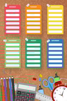 Vertical school timetable on cork bulletin board with school supplies. vector