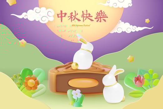 3d Happy Mid Autumn Festival Ads Banner Concept Poster Card Cartoon Style. Vector