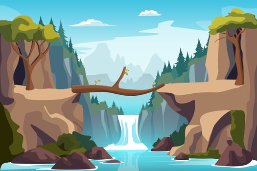Cartoon Color Log Bridge Landscape Scene Concept. Vector
