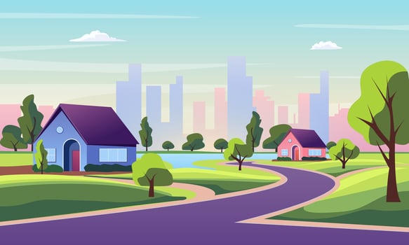 Cartoon Color Suburb District Houses Landscape Scene Concept. Vector