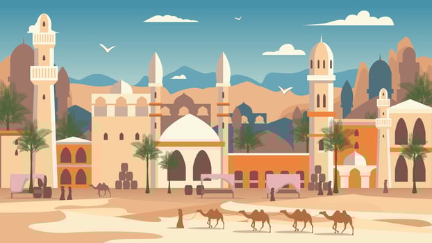 Cartoon Color Arab Desert Saudi Market Landscape Scene Concept. Vector