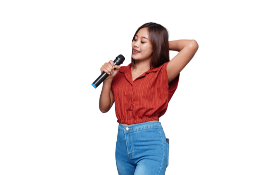 Beautiful Asian Woman Singing and Holding Microphone Eyes Closed png