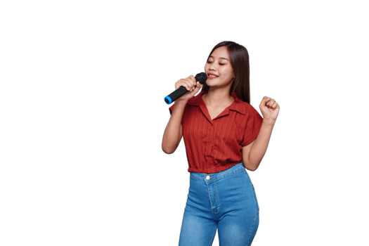 Beautiful Asian Woman Singing and Holding Microphone Eyes Closed png