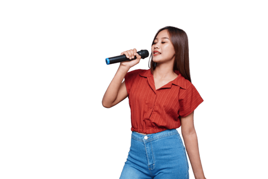 Beautiful Asian Woman Singing and Holding Microphone Eyes Closed png