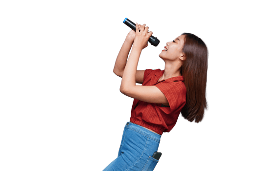 Beautiful Asian Woman Singing and Holding Microphone Eyes Closed png