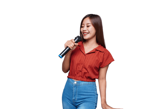 Beautiful Asian Woman Singing and Holding Microphone Eyes Closed png