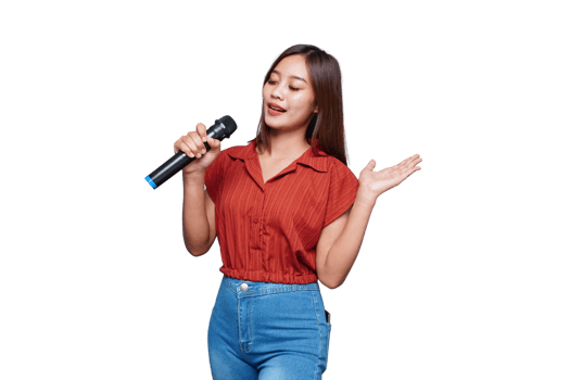 Beautiful Asian Woman Singing and Holding Microphone Eyes Closed png
