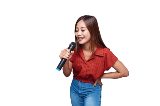 Beautiful Asian Woman Singing and Holding Microphone Eyes Closed png