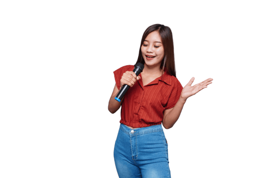Beautiful Asian Woman Singing and Holding Microphone Eyes Closed png