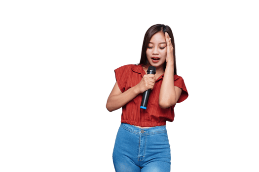 Beautiful Asian Woman Singing and Holding Microphone Eyes Closed png
