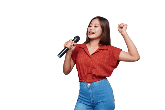 Beautiful Asian Woman Singing and Holding Microphone Eyes Closed png