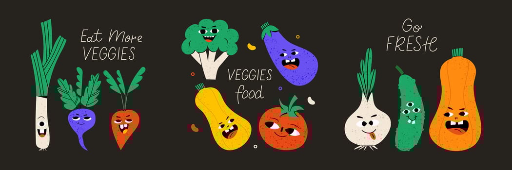 Set of 3 postcards. Cute vegetable character with funny kawaii face. Hand drawn cartoon cute illustration for stickers, posters, wall art. Summer print. vector