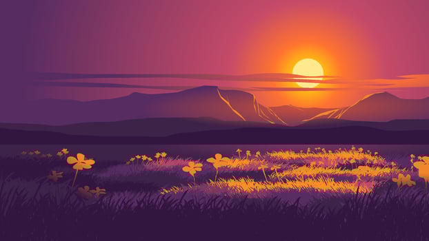 Vector illustration of tranquil calm night over meadow with mountains and full moon