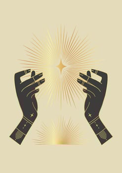 Golden shining star in hand illustration poster. Outer space printed wall art. vector
