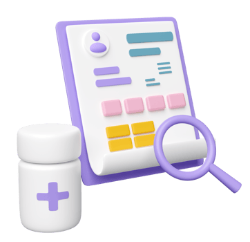 3d medical checklist paper report  with medicine bottle, magnifying glass isolated. health check concept, 3d render illustration png