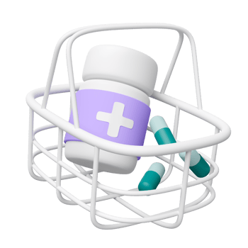 3d  medicine bottle, shopping basket with capsule pills isolated. pharmaceutical product purchase concept, 3d render illustration png