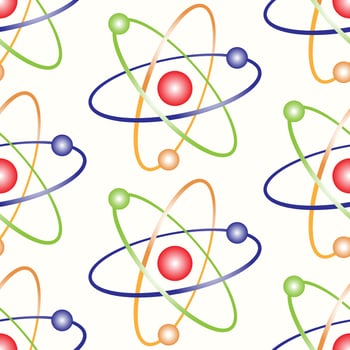 Seamless pattern of hand drawn atom molecular model on isolated background. Design for back to school prints, scrapbooking, textile, home and nursery decor, paper craft. vector