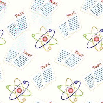 Seamless pattern of hand drawn school elements, atom model and test, on isolated background. Design for back to school prints, scrapbooking, textile, home and nursery decor, paper craft. vector