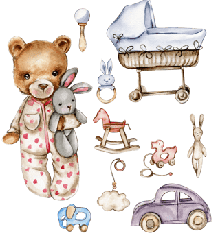 Set of watercolor baby toys and teddy bear. Wood kids toys watercolor hand drawn. Educational wooden blocks and objects for toddlers png