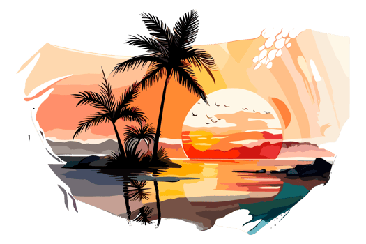 Watercolor sunset painting with palm trees on the sea beach, transparent background, PNG. Hand-drawn sunrise landscape riverside illustration for t-shirts, book covers, and print media decorations png