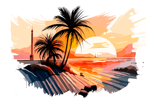 Watercolor sunset painting with palm trees on the sea beach, transparent background, PNG. Hand-drawn sunrise landscape riverside illustration for t-shirts, book covers, and print media decorations png
