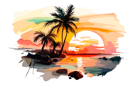 Watercolor sunset painting with palm trees on the sea beach, transparent background, PNG. Hand-drawn sunrise landscape riverside illustration for t-shirts, book covers, and print media decorations png