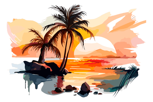 Watercolor sunset painting with palm trees on the sea beach, transparent background, PNG. Hand-drawn sunrise landscape riverside illustration for t-shirts, book covers, and print media decorations png