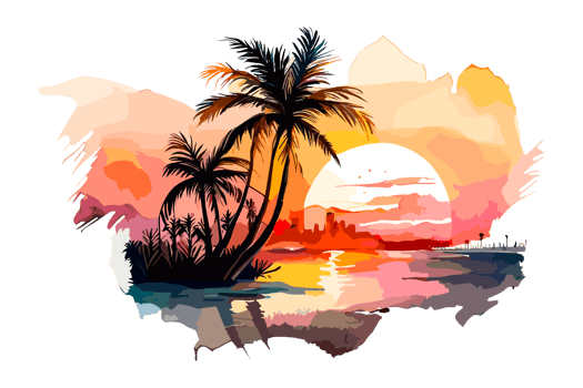 Watercolor sunset painting with palm trees on the sea beach, transparent background, PNG. Hand-drawn sunrise landscape riverside illustration for t-shirts, book covers, and print media decorations png