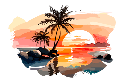 Watercolor sunset painting with palm trees on the sea beach, transparent background, PNG. Hand-drawn sunrise landscape riverside illustration for t-shirts, book covers, and print media decorations png