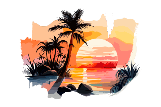 Watercolor sunset painting with palm trees on the sea beach, transparent background, PNG. Hand-drawn sunrise landscape riverside illustration for t-shirts, book covers, and print media decorations png