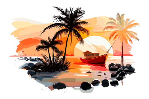 Watercolor sunset painting with palm trees on the sea beach, transparent background, PNG. Hand-drawn sunrise landscape riverside illustration for t-shirts, book covers, and print media decorations png