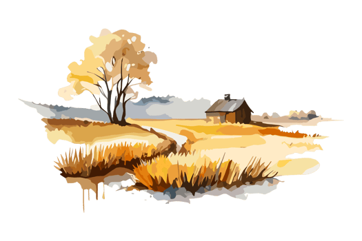 Watercolor golden field with crops on transparent background, PNG. Hand-drawn golden agriculture, cultivation, countryside landscape field for t-shirts, book covers, and print media decorations png