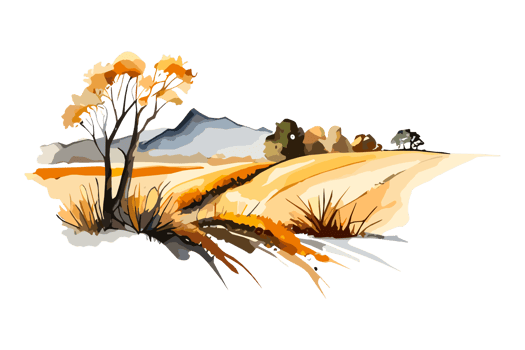 Watercolor golden field with crops on transparent background, PNG. Hand-drawn golden agriculture, cultivation, countryside landscape field for t-shirts, book covers, and print media decorations png