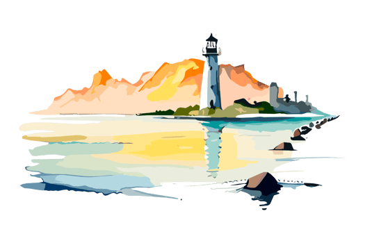 Watercolor lighthouse on the sea beach with copy space, transparent background, png. Hand-drawn coastline painting for t-shirts, book covers, and print media decorations png