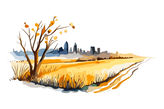 Watercolor golden field with crops on transparent background, PNG. Hand-drawn golden agriculture, cultivation, countryside landscape field for t-shirts, book covers, and print media decorations png