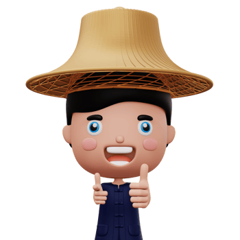 Happy asian farmer wearing mauhom shirt and bamboo hat thumbs up, 3d rendering png