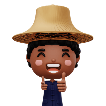 Happy asian farmer wearing mauhom shirt and bamboo hat thumbs up, 3d rendering png