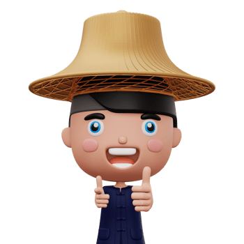 Happy asian farmer wearing mauhom shirt and bamboo hat thumbs up, 3d rendering png