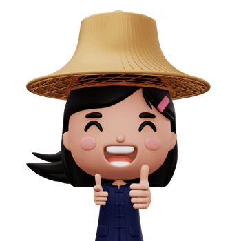 Happy asian farmer wearing mauhom shirt and bamboo hat thumbs up, 3d rendering png