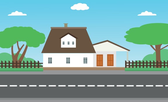 Suburban houses, street with cottages with garages. A street of houses with green trees and a road in perspective. Village. Vector illustration in cartoon style.