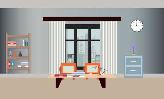 Vector room design sofa, bookcase, picture. Living room interior.Flat style vector illustration.
