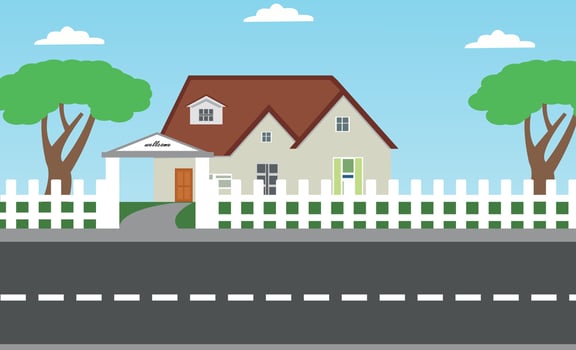 Suburban houses, street with cottages with garages. A street of houses with green trees and a road in perspective. Village. Vector illustration in cartoon style.